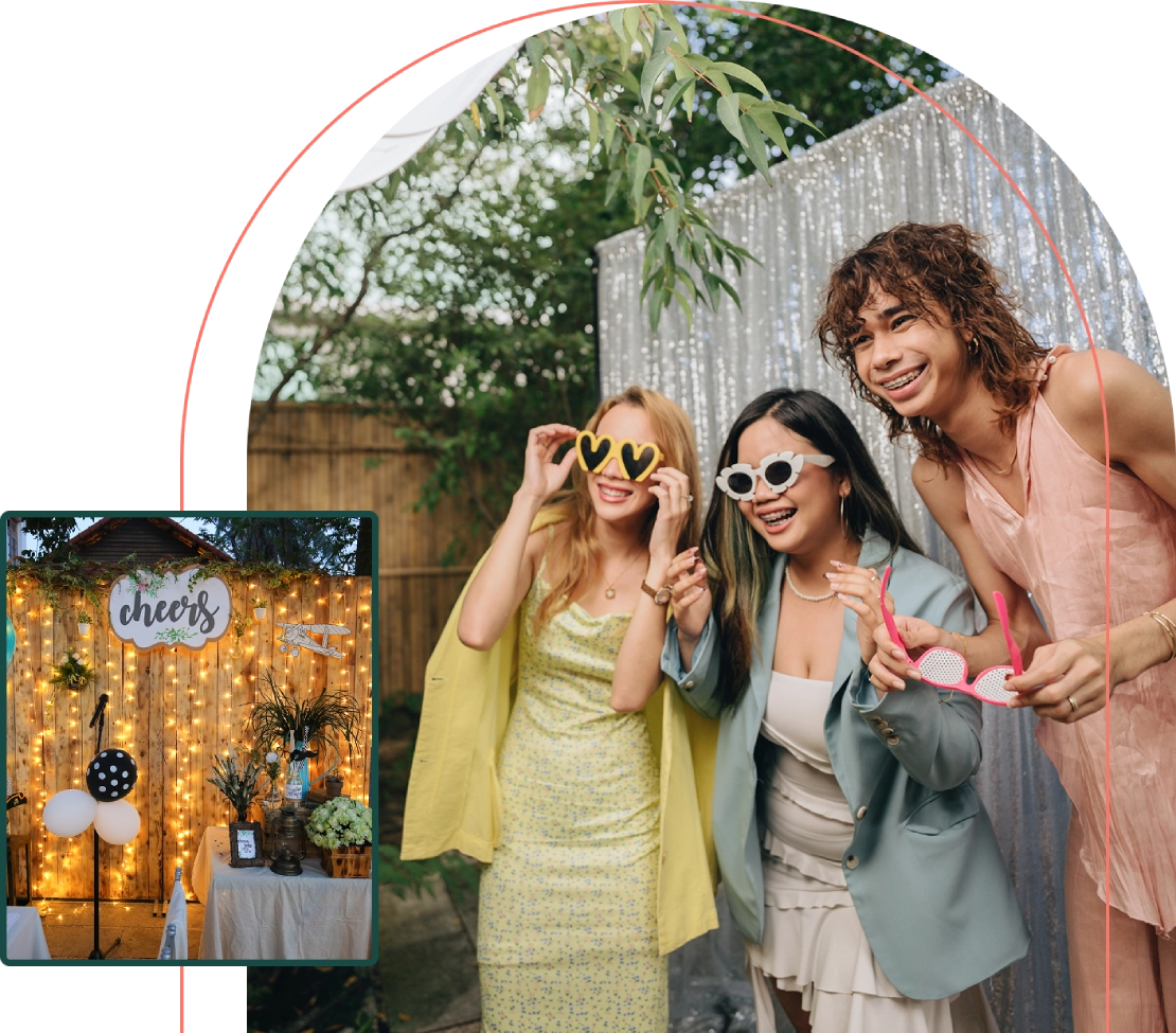 Friends posing with fun glasses at party.